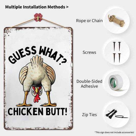 Guess What? Chicken Butt! Funny Chicken 8x12 Inch Aluminum Metal Sign - Humorous Wall Decor for Kitchen, Farmhouse, Chicken Coop, Dorm Room - Retro Tin Sign Gift for Chicken Lovers & Humor Fans
