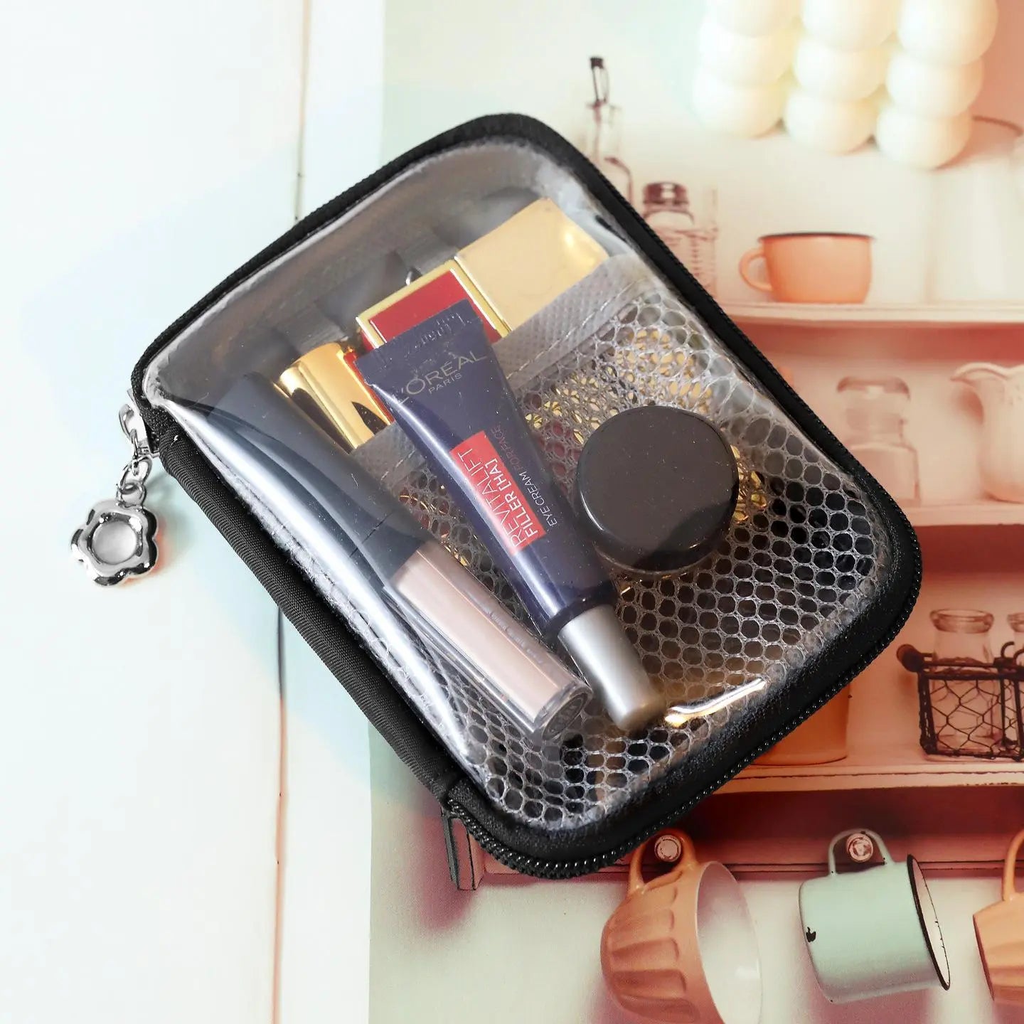 Portable Mini Makeup Bag with Dividers & Zipper, Cosmetic Organizer for Lipstick, Beauty Essentials, Travel & Daily Use