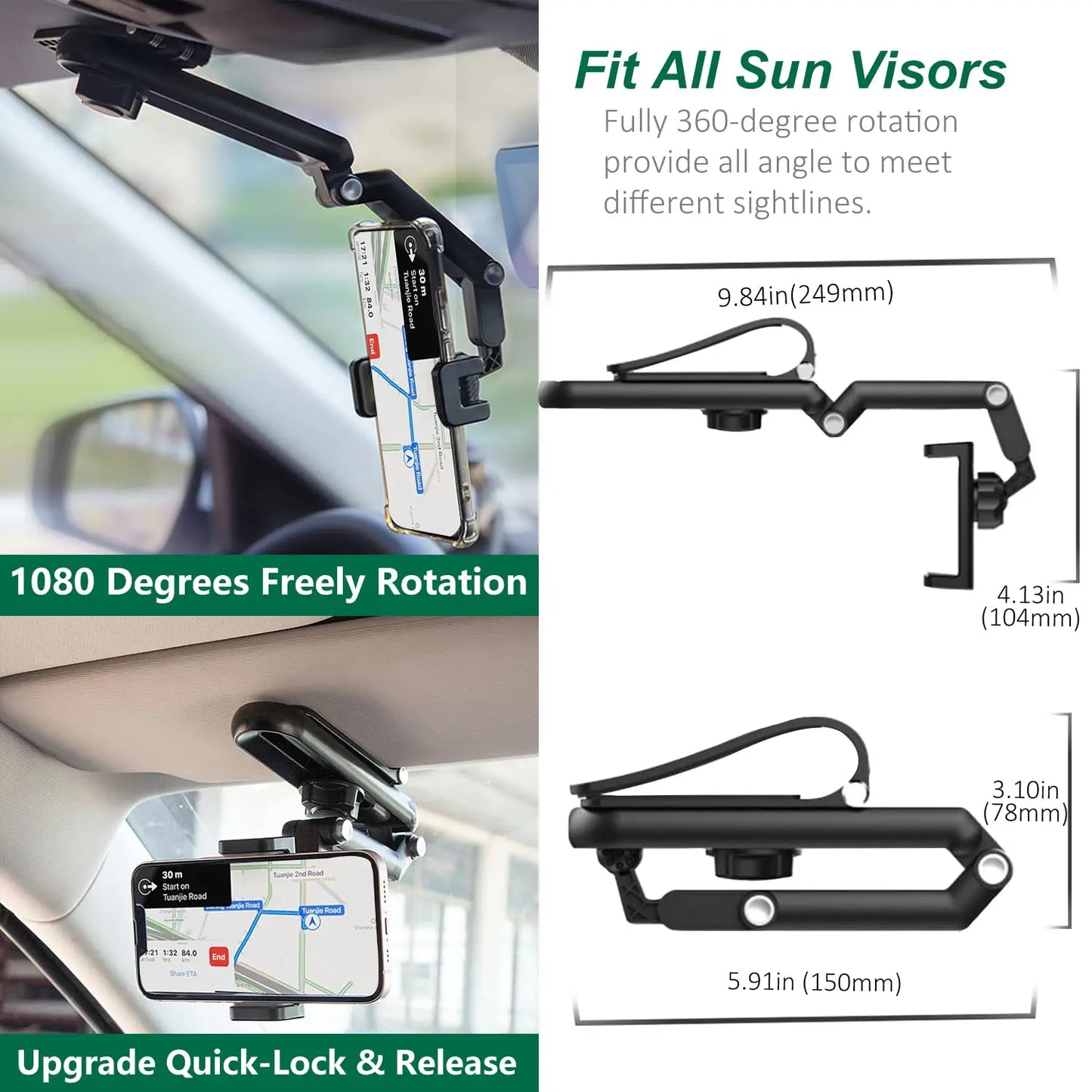 1080° Rotating Car Phone Mount – Adjustable Sun Visor & Dashboard Phone Holder