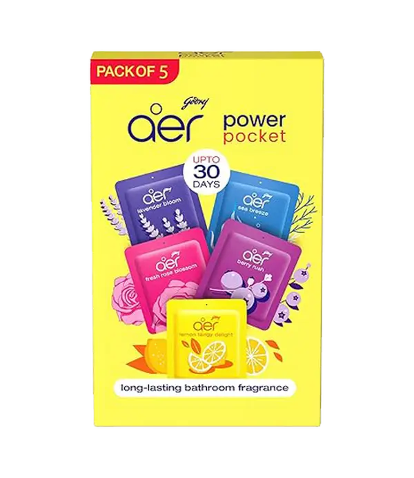 Godrej Aer Power Pocket Hanging Air Freshener, Assorted 5-Pack (Lemon, Rose, Fresh, Berry, Lavender)