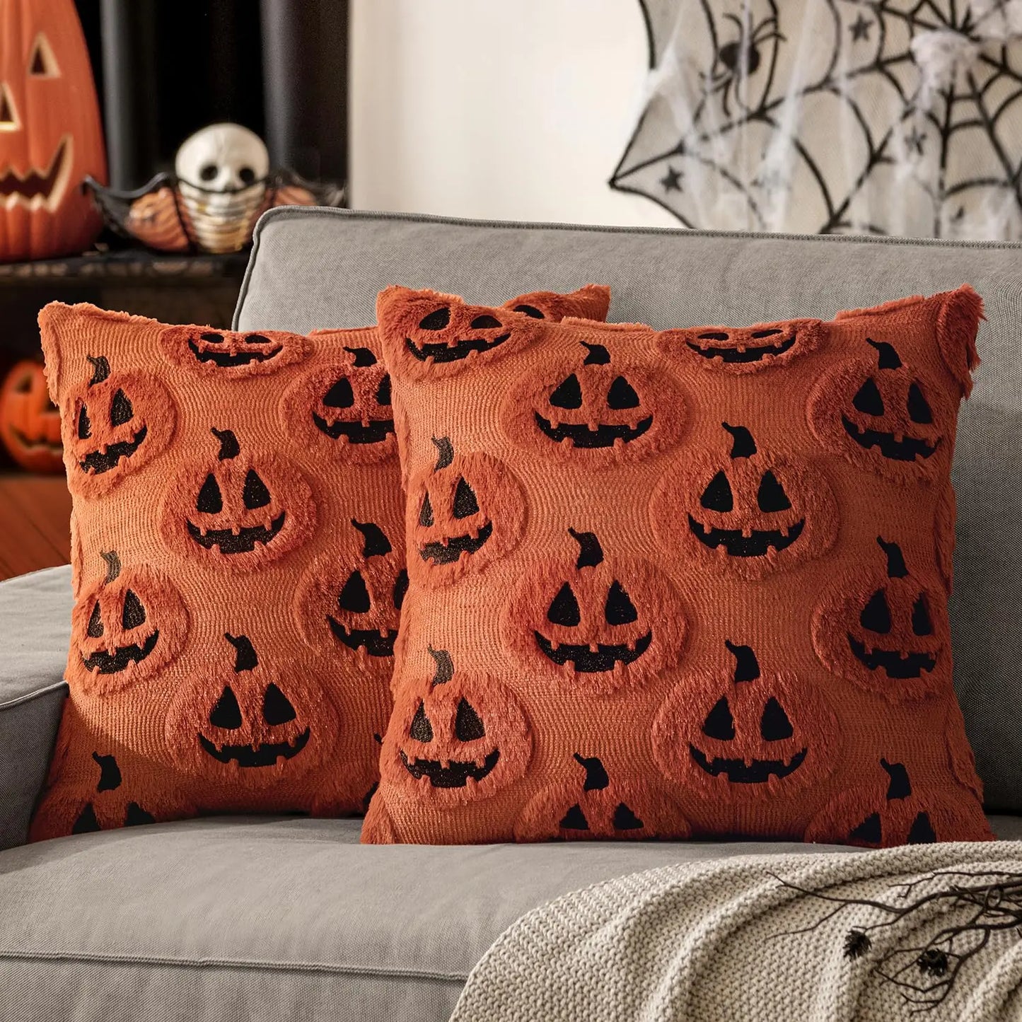 Embroidered Pumpkin Halloween Pillow Cover – Soft Faux Wool Farmhouse Decor