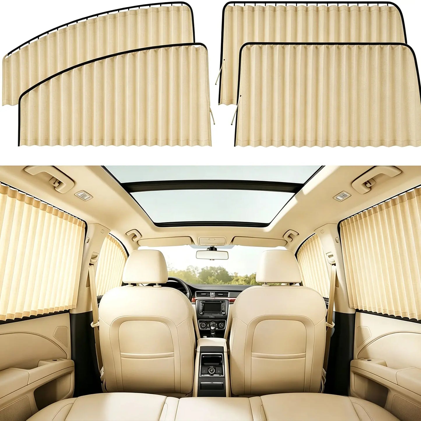 4-Piece Beige Magnetic Car Side Window Sun Shades – UV Protection & Privacy Curtains