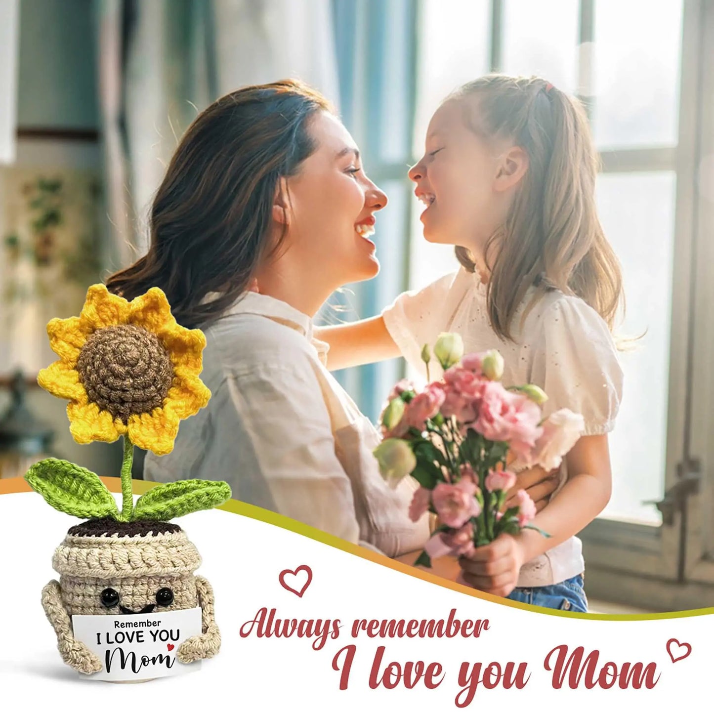 Remember I Love You MOM, Handmade Crochet Cute Small Sunflower Gifts, Mothers Day Birthday Gift for Mom