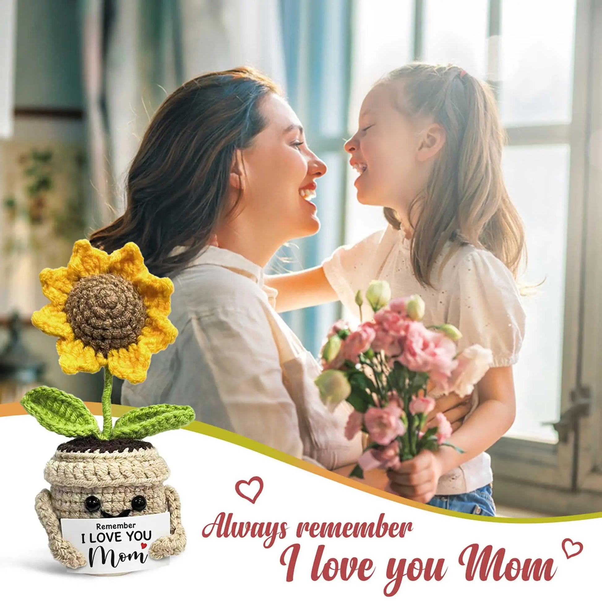 Remember I Love You MOM, Handmade Crochet Cute Small Sunflower Gifts, Mothers Day Birthday Gift for Mom