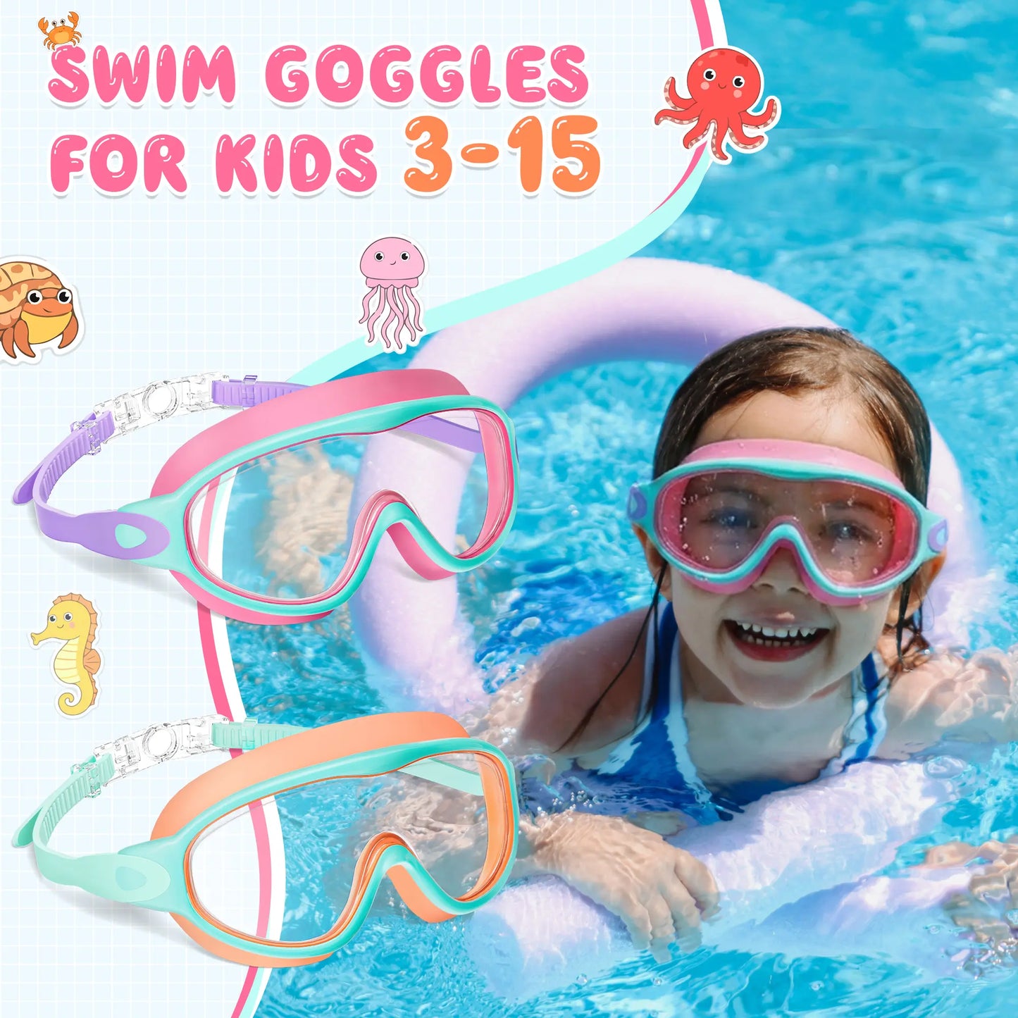 Kids Swim Goggles for Boys Girls, UV Protection Anti-Fog Waterproof Swimming Glasses with Nose Clips & Earplugs