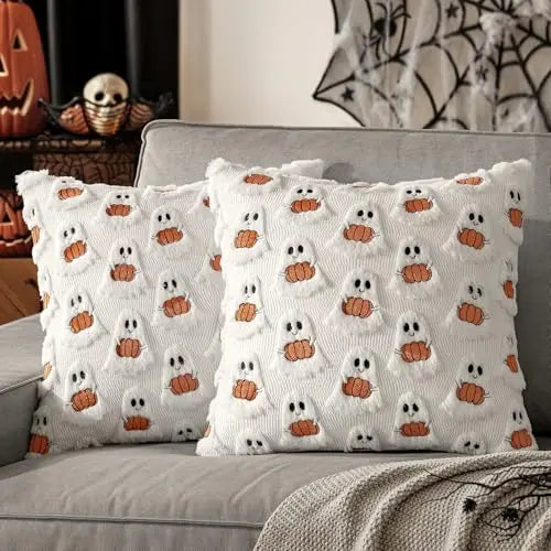 Embroidered Pumpkin Halloween Pillow Cover – Soft Faux Wool Farmhouse Decor