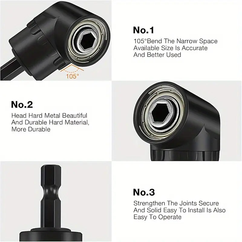 Right-Angle Drill Bit Accessory Set (6pcs), Heavy-Duty Drill Attachment with 360° Rotatable Socket Adapters & 105°/90° Angle Adapters