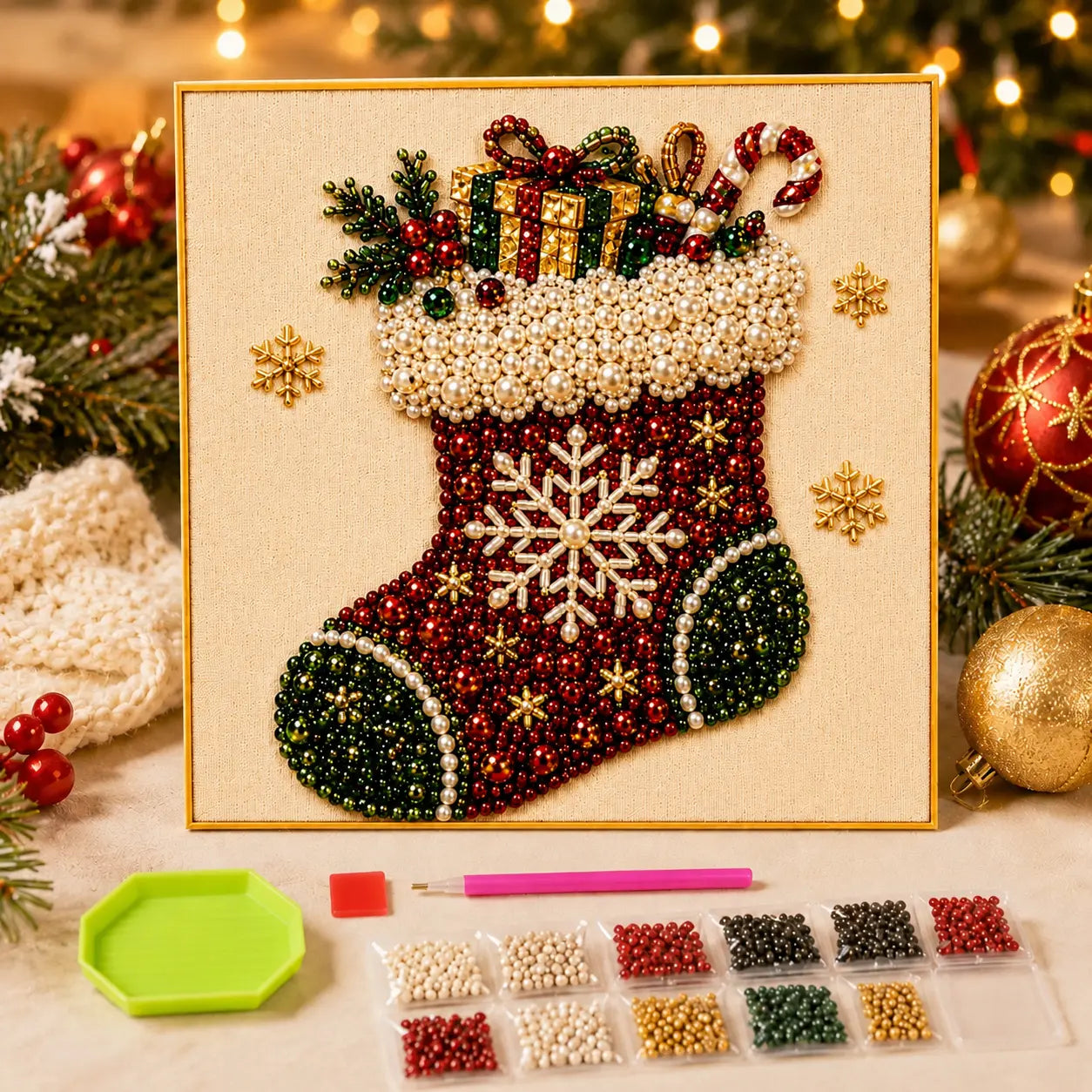 3D Beaded Christmas Pearl Diamond Painting – Xmas Wreath Stocking DIY Wall Decor