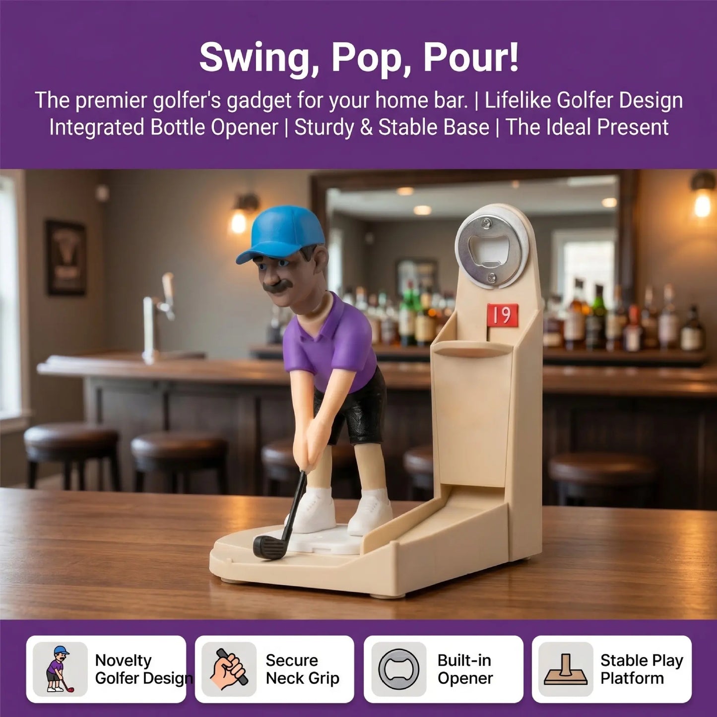 Golf Bottle Opener Caddy – Novelty Golfer Beer Holder & Built-In Cap Opener Gift for Men