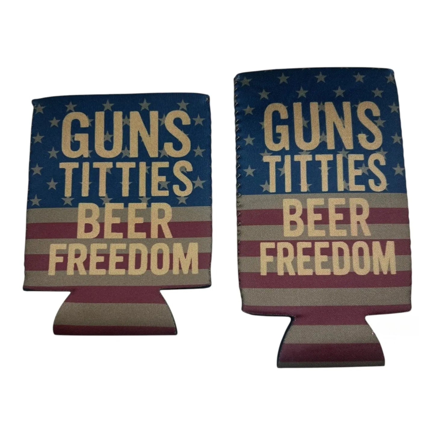 "Guns, Titties, Beer, Freedom" Double-Sided Funny Beer Can Insulator Sleeve