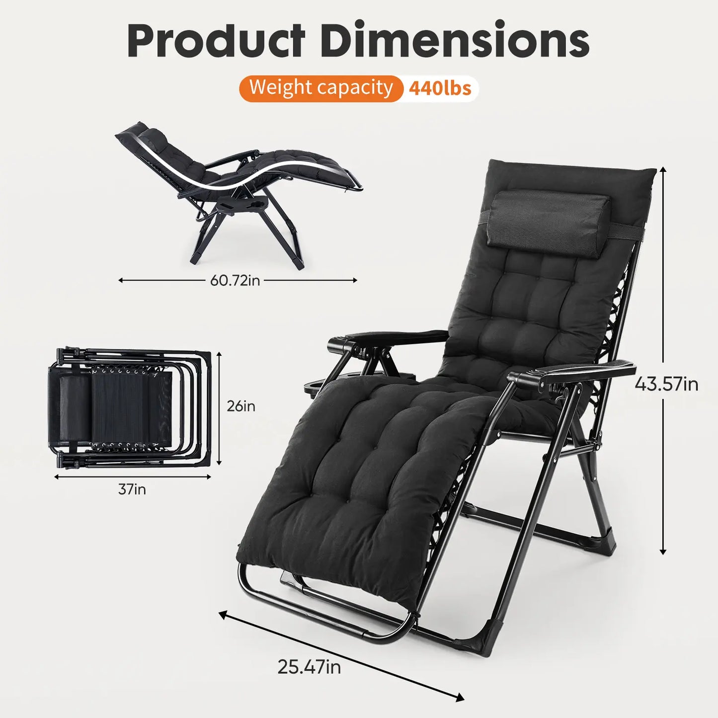 Sweetcrispy Foldable Patio Recliner Chair with Removable Cushion & Cup Holder | Indoor/Outdoor Garden Furniture Gift