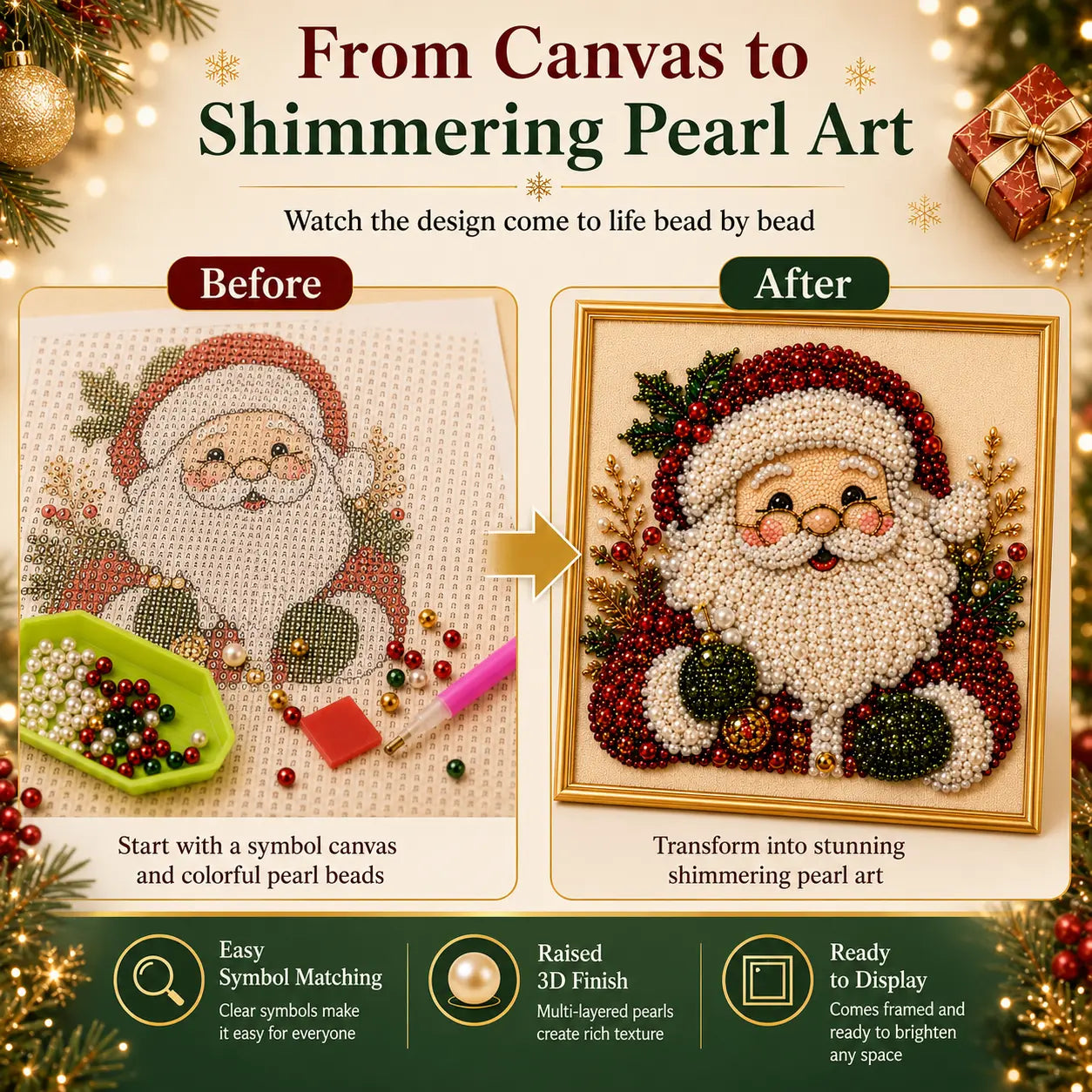 3D Beaded Christmas Pearl Diamond Painting – Xmas Wreath Stocking DIY Wall Decor