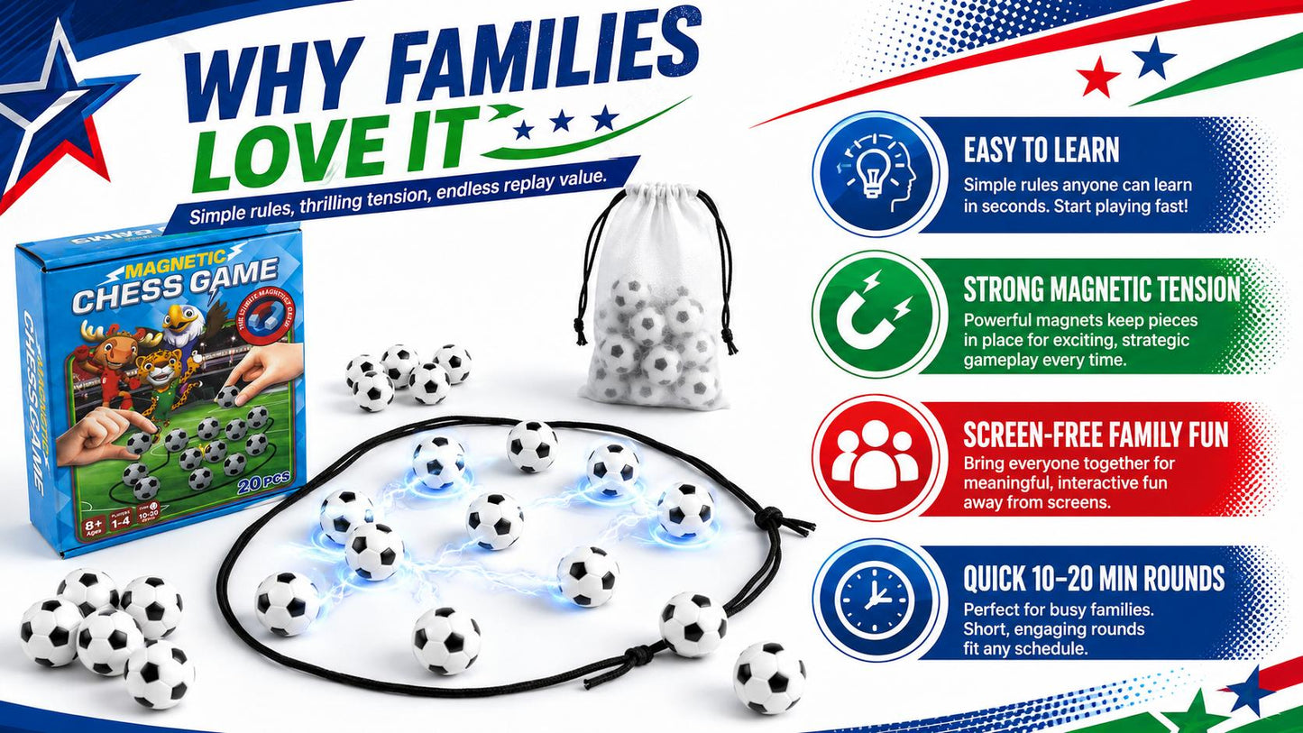 Magnetic Soccer Chess Game for Kids, Teens & Adults – Fast-Paced Strategy Board Game for Family Game Night, Party & Classroom | Portable Indoor Travel Tabletop Game | Birthday Gift for Boys Girls Soccer Fans | 20 Magnets, Rope & Travel Bag | Ages 8+