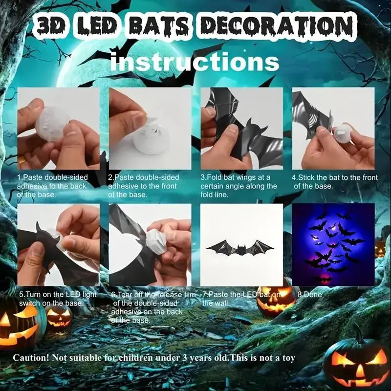 BougeRV 3D Bat Light Design LED Decorations 12pcs/24pcs Set Spooky Ornaments for Home Party Festival Halloween Easy Install Wall Stickers Smooth Application - Decorative
