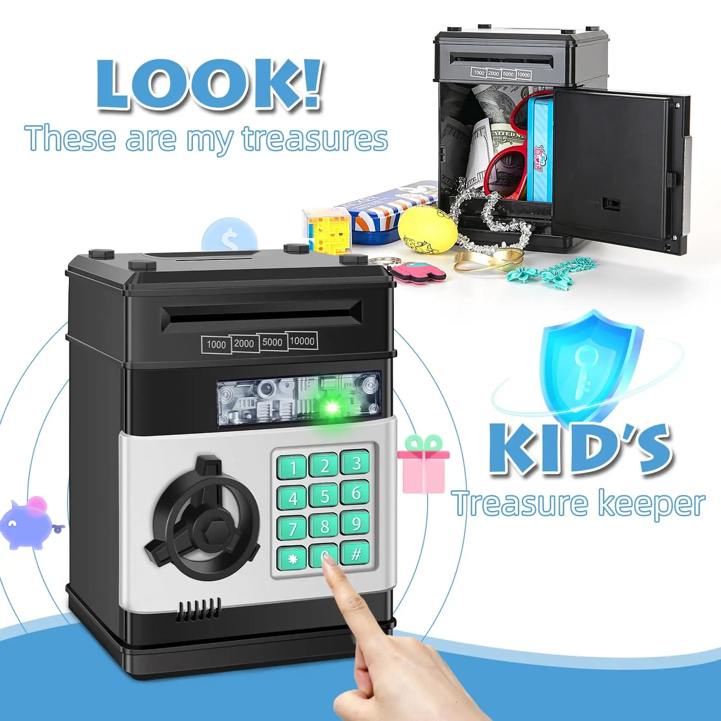 Piggy Bank for Boys Adults, Electronic ATM Coin Cash Bank with Password Code Lock and Auto Grab Bill Slot, Large Capacity Coin Bank Money Jar for Adults, Designed for All US Coins, Capacity 10000+