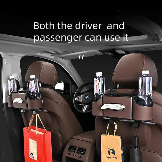 Multifunctional Car Seat Back Organizer: Storage Box with Tissue Holder, Dual Cup Holders & Bag Hooks
