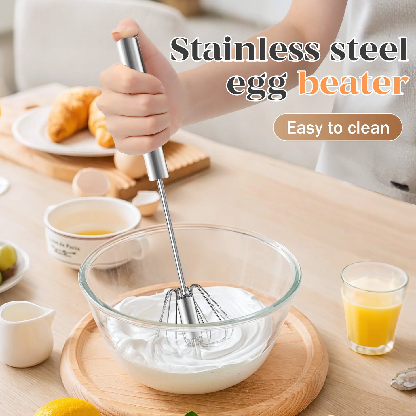QQ Stainless Steel Semi-Automatic Hand-Push Whisk, Rotary Egg Beater for Coffee and Cooking