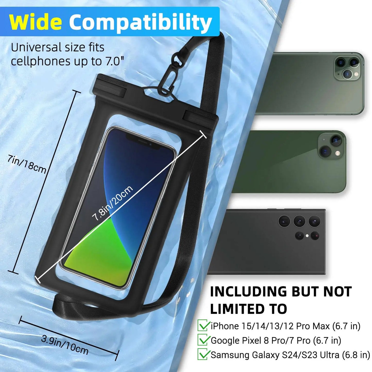 Waterproof Phone Pouch with Lanyard, Clear Case for iPhone 15/14/13 & Galaxy S22/S23, Fits up to 7", for Beach Swimming Diving Boating
