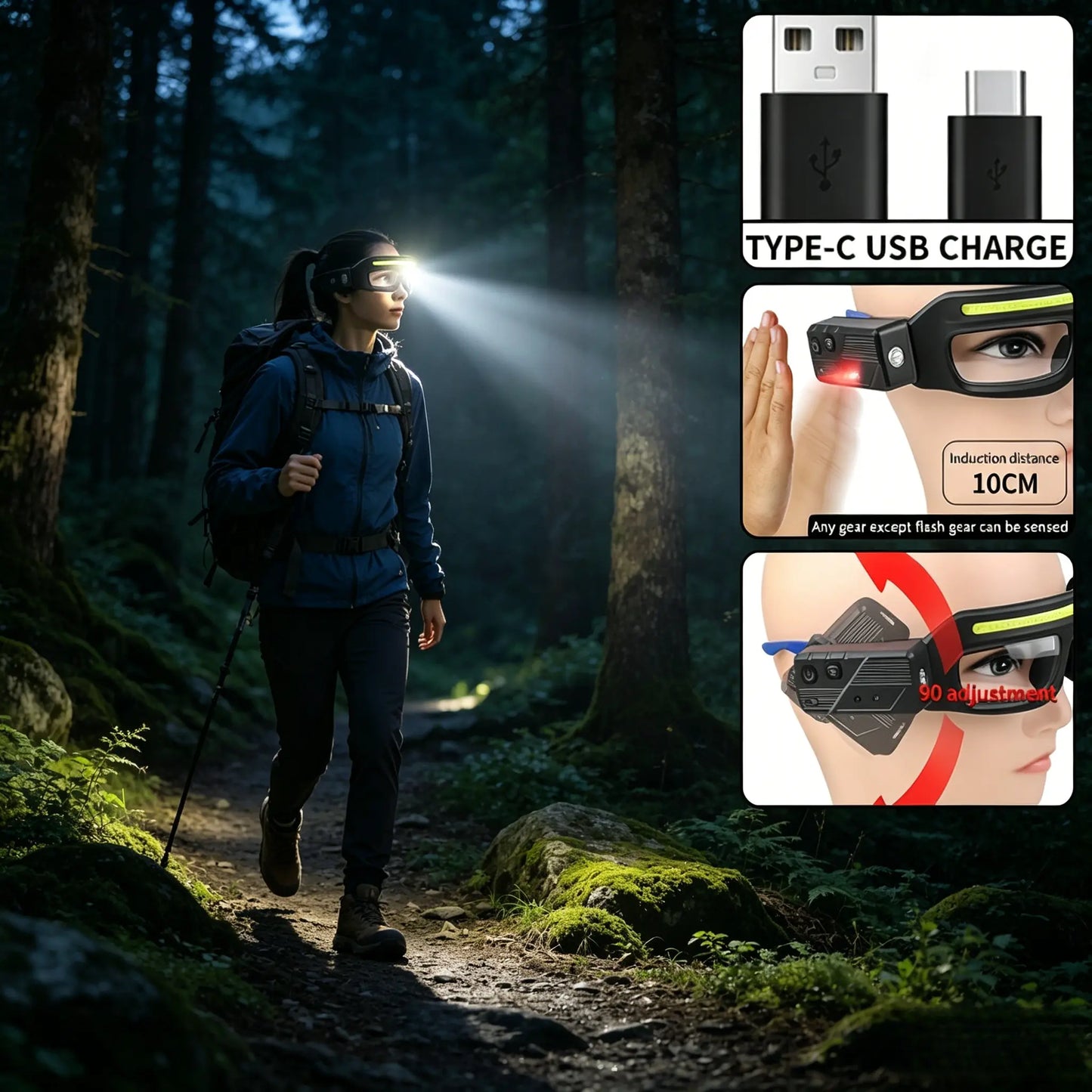 Rechargeable LED Safety Glasses with Motion Sensor, USB-C Headlamp for Work, Camping & Repair