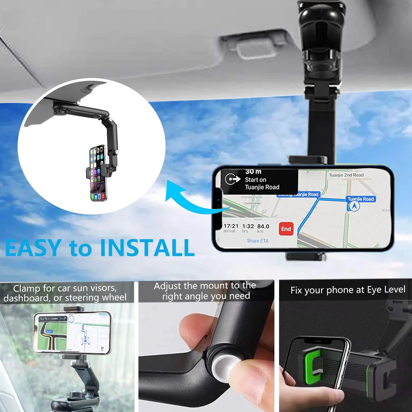 1080° Rotating Car Phone Mount – Adjustable Sun Visor & Dashboard Phone Holder
