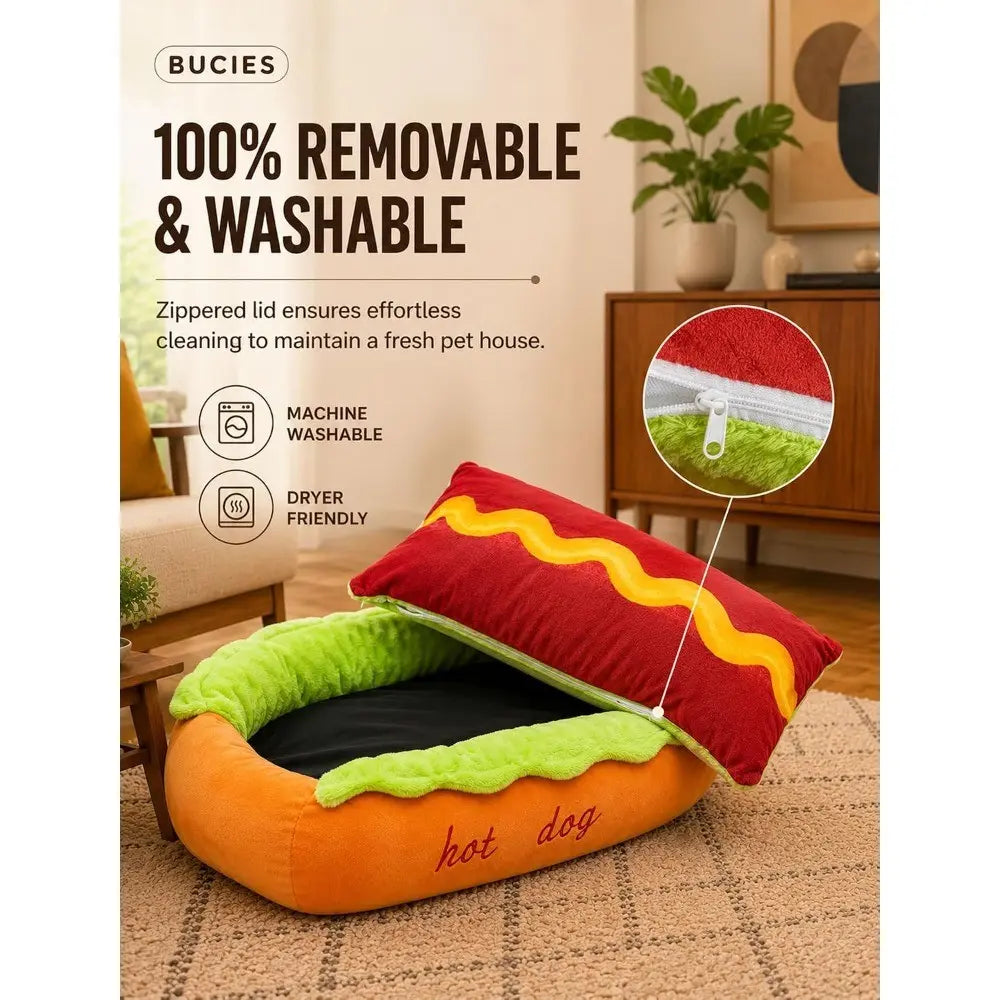 Hot Dog Pet Bed – Soft Plush Washable Dog & Cat Bed for Small Pets (S–L)