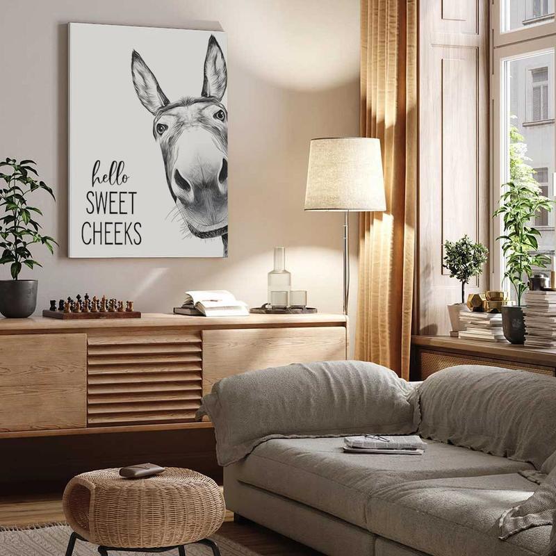 A rural-style poster featuring a picture of a donkey and a cow, an amusing bathroom wall decoration, a black and white bathroom logo decoration, interesting animal head portraits, suitable for bathrooms and bedrooms.