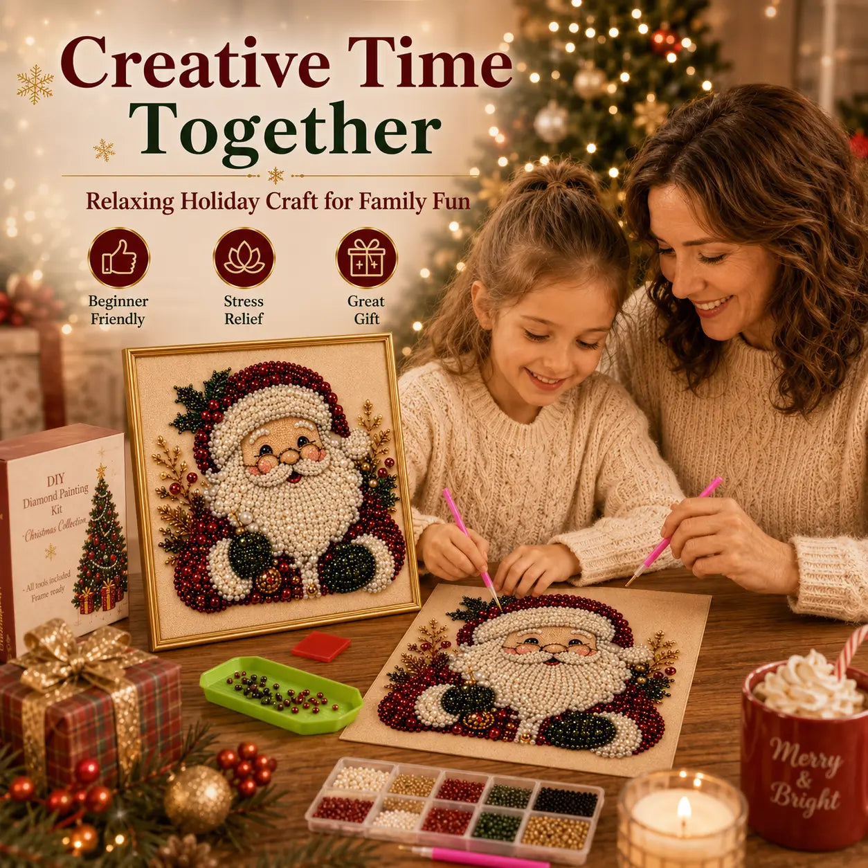 3D Beaded Christmas Pearl Diamond Painting – Xmas Wreath Stocking DIY Wall Decor