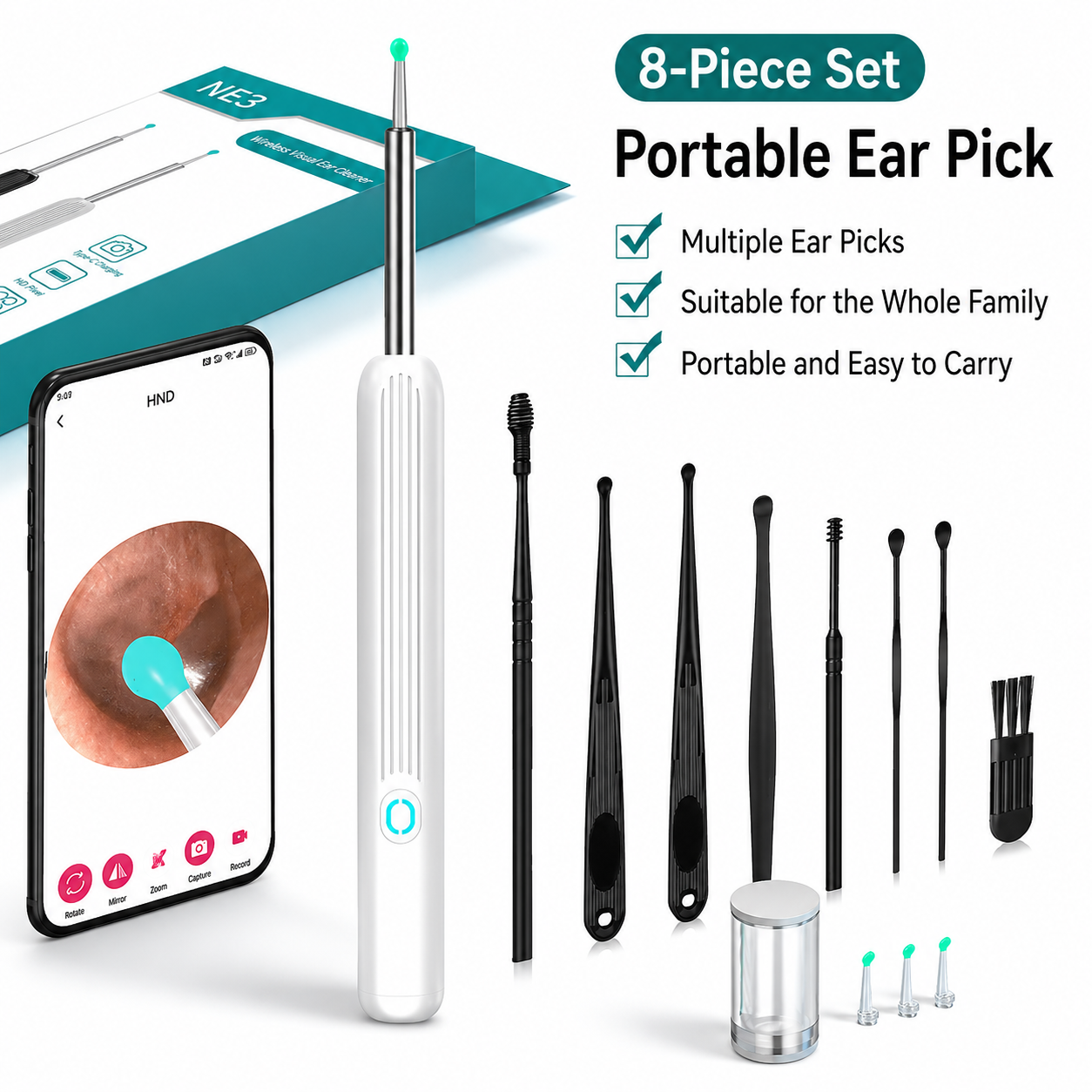 720P HD EarWax Removal Tool with Camera 6 Ear Spoons Set Rechargeable USB Battery Dual Power Safe Ear Care Gentle with WiFi Ear Cleaning summerwins