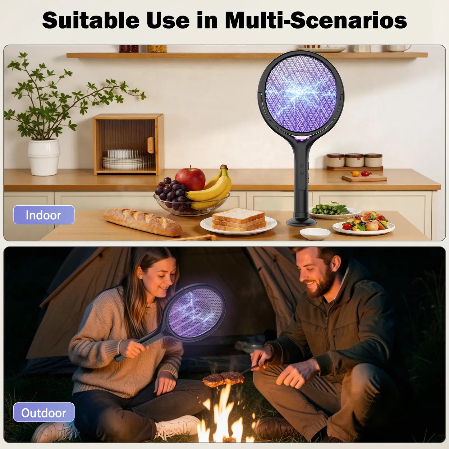 4000V Electric Fly Swatter with Extendable Rod & Bug Zapper Trap Lamp, USB Rechargeable, Safety Mesh