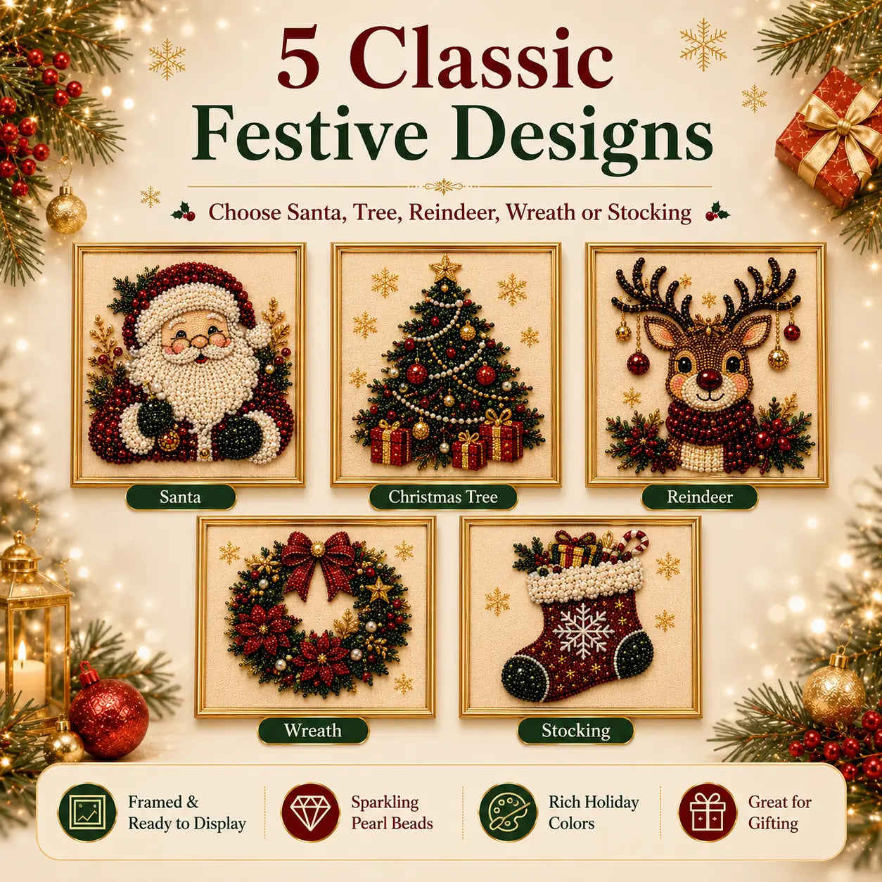 3D Beaded Christmas Pearl Diamond Painting – Xmas Wreath Stocking DIY Wall Decor