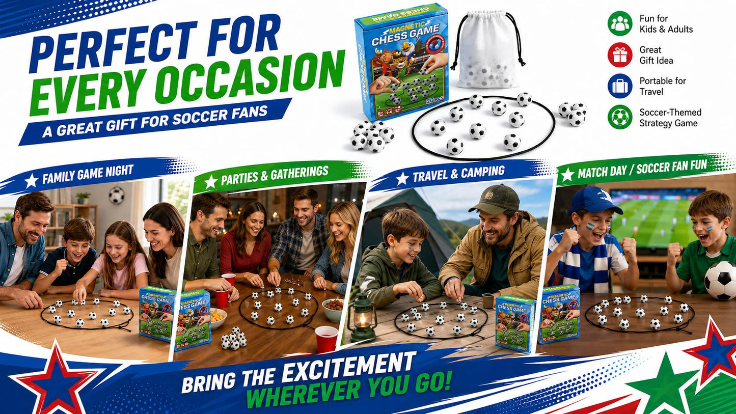Magnetic Soccer Chess Game for Kids, Teens & Adults – Fast-Paced Strategy Board Game for Family Game Night, Party & Classroom | Portable Indoor Travel Tabletop Game | Birthday Gift for Boys Girls Soccer Fans | 20 Magnets, Rope & Travel Bag | Ages 8+