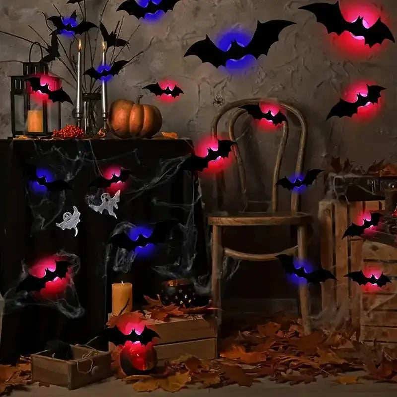 BougeRV 3D Bat Light Design LED Decorations 12pcs/24pcs Set Spooky Ornaments for Home Party Festival Halloween Easy Install Wall Stickers Smooth Application - Decorative