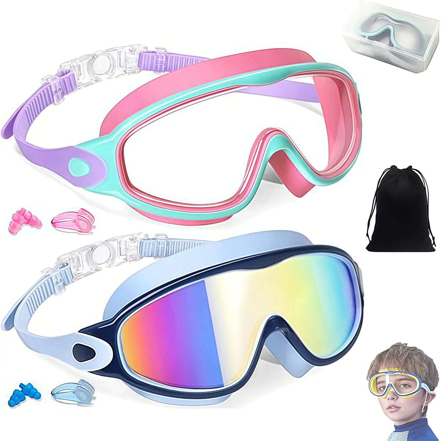 Kids Swim Goggles for Boys Girls, UV Protection Anti-Fog Waterproof Swimming Glasses with Nose Clips & Earplugs