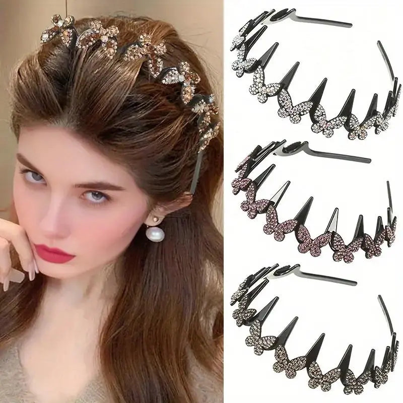 Wavy Crystal Butterfly Headband Set for Women (Non-Slip Hair Accessories)