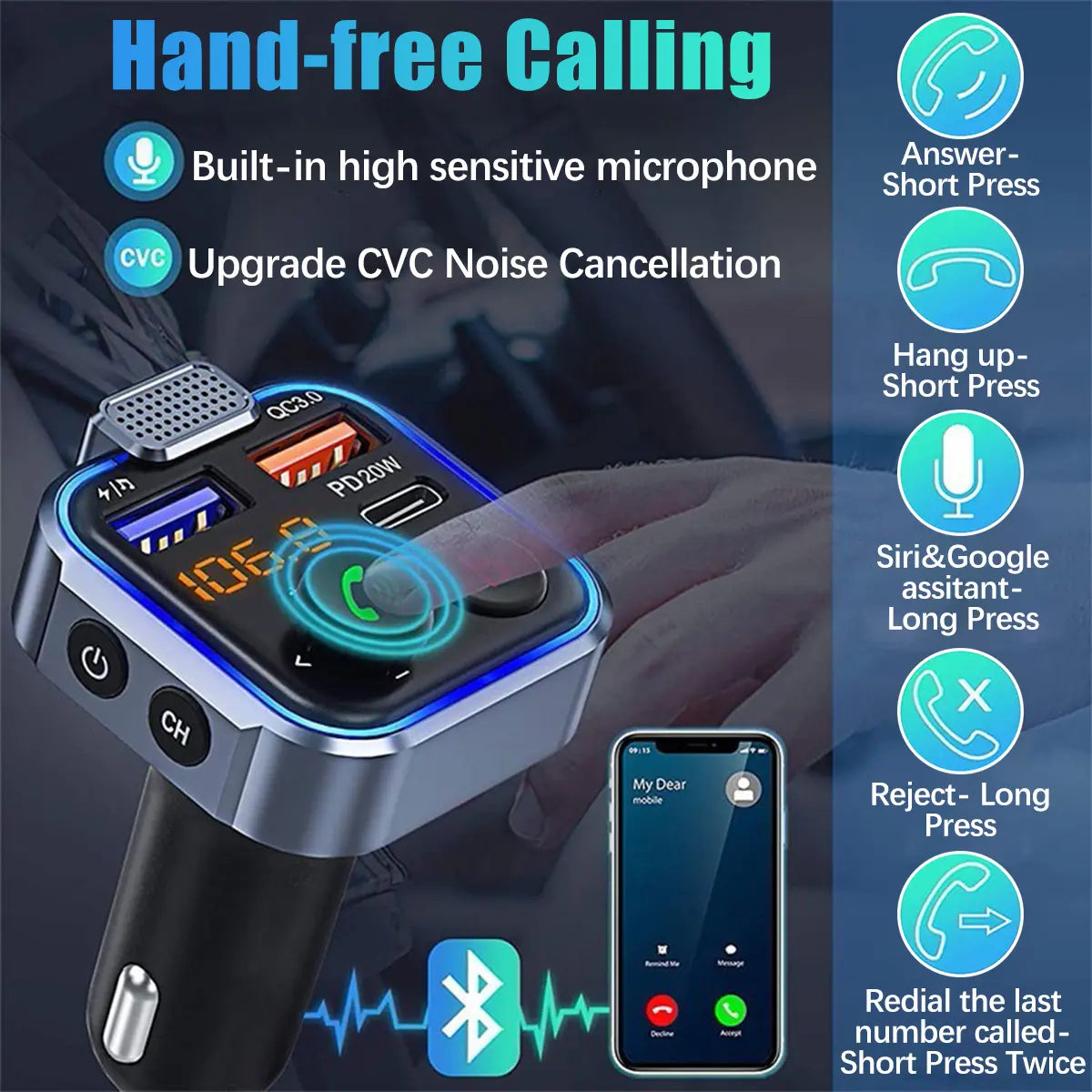 【Father's Day Gift】Bluetooth 5.0 FM Transmitter – Dual USB Fast Car Charger & Hands-Free Calling