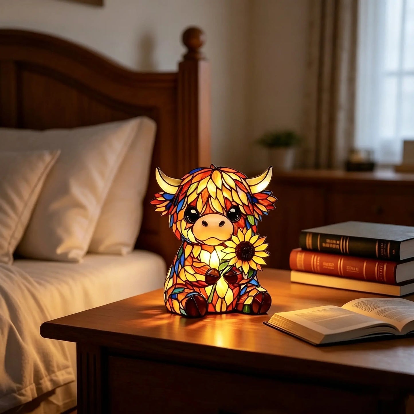 Highland Cow LED Night Light - Cute Resin Animal Figurine Table Lamp (USB)