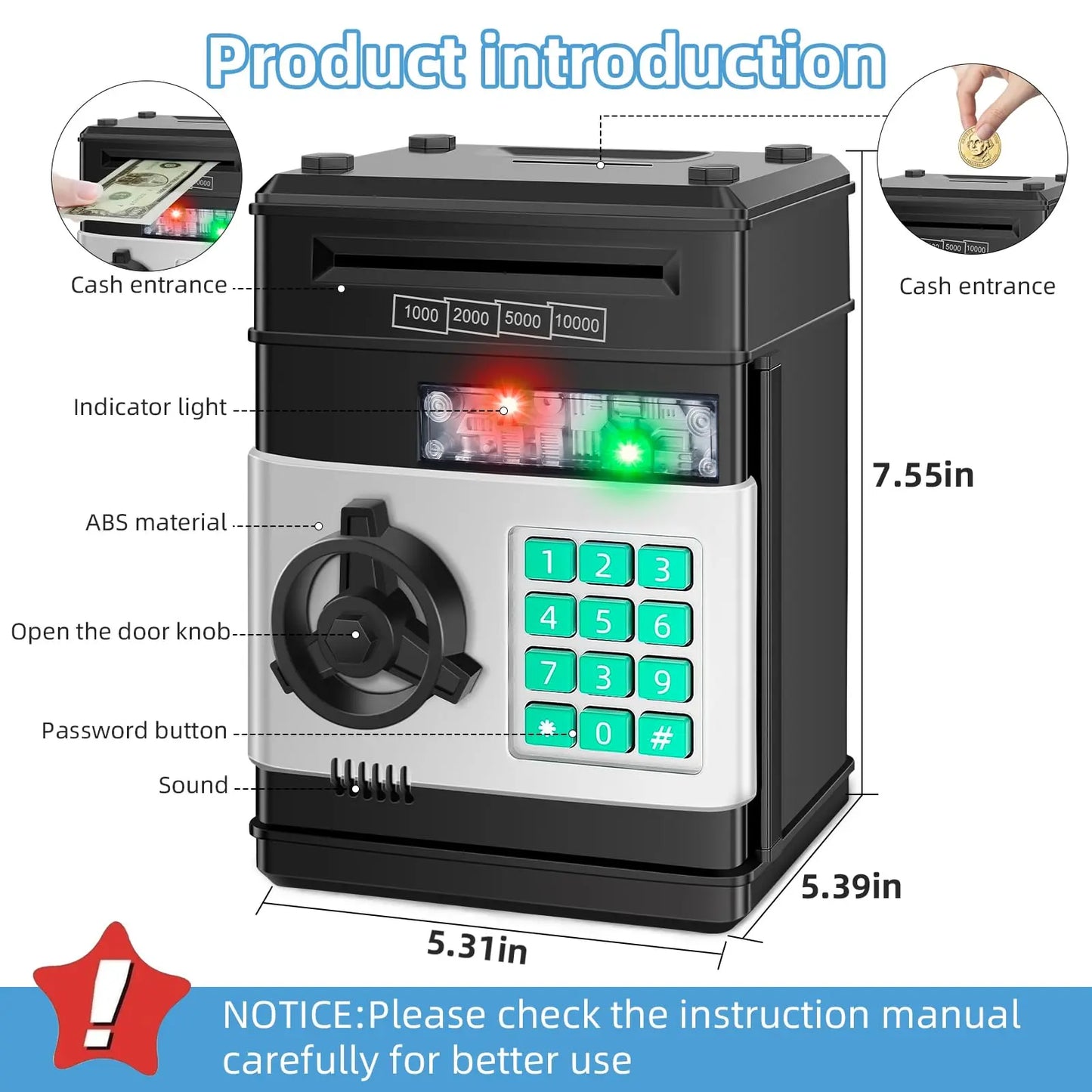 Piggy Bank for Boys Adults, Electronic ATM Coin Cash Bank with Password Code Lock and Auto Grab Bill Slot, Large Capacity Coin Bank Money Jar for Adults, Designed for All US Coins, Capacity 10000+