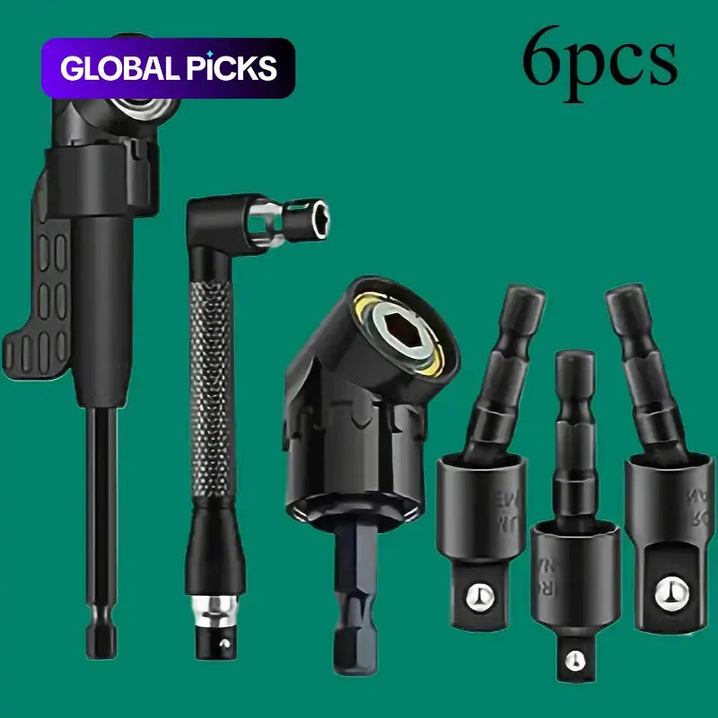 Right-Angle Drill Bit Accessory Set (6pcs), Heavy-Duty Drill Attachment with 360° Rotatable Socket Adapters & 105°/90° Angle Adapters