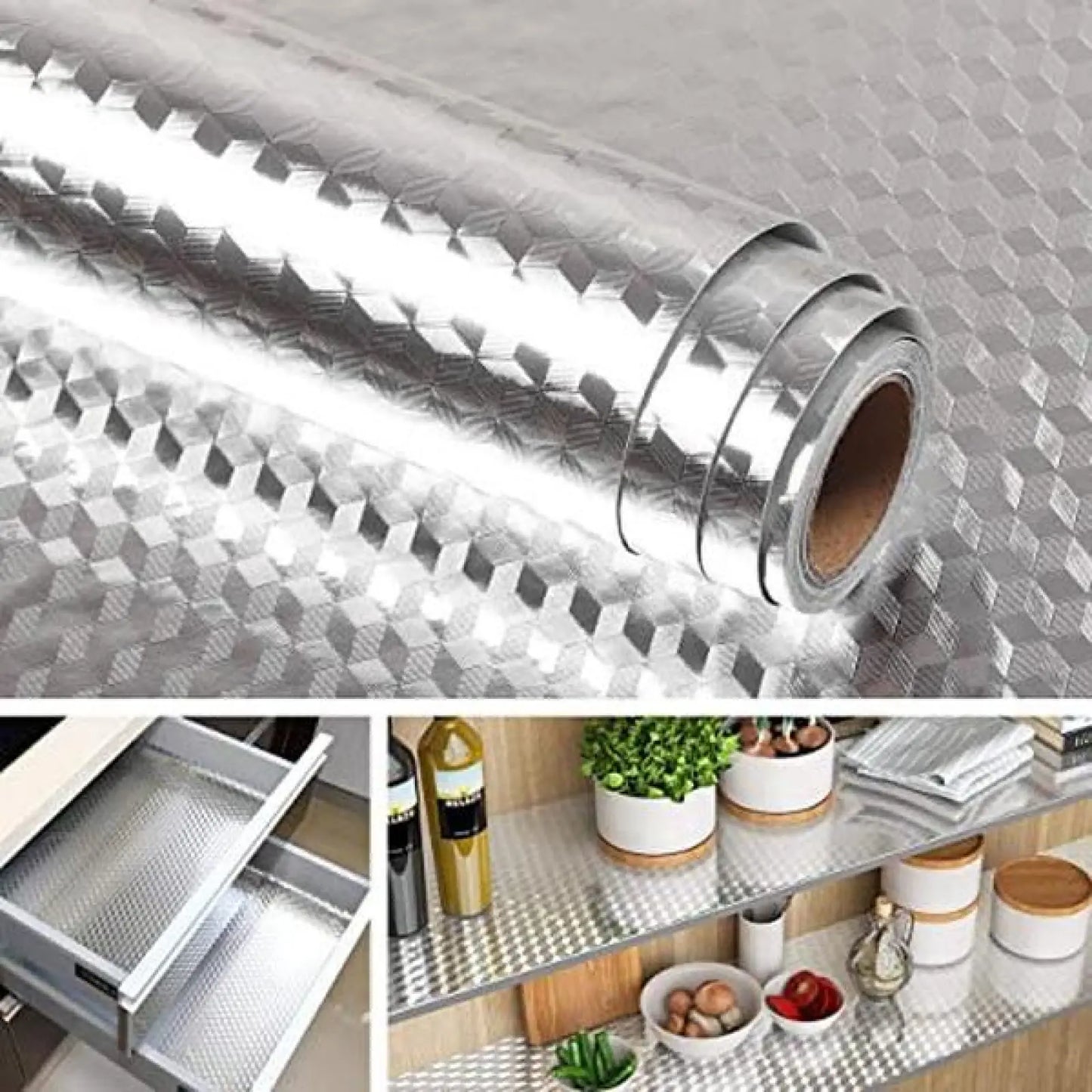 Kitchen Wallpaper Oil Proof Sticker Aluminum Foil Backsplash Self-Adhesive Contact Paper Cabinet Liner Waterproof Heat Resistant Peel Stick Wallpaper 15.7X118 Inches Cube Texture Silver Non-Woven