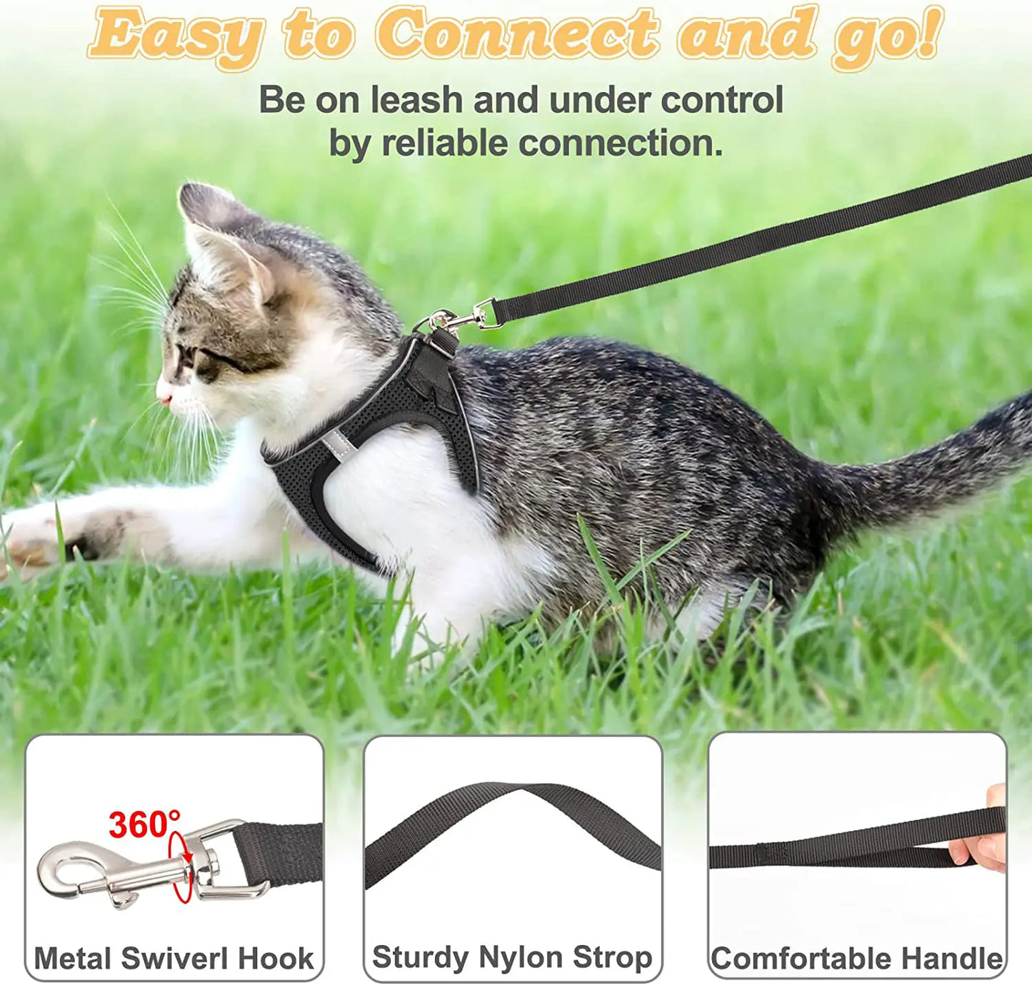 Escape Proof Cat Harness & Leash (≤13 lbs)Adjustable Reflective Soft Mesh Vest for Easy Safe Walks with Leash Included