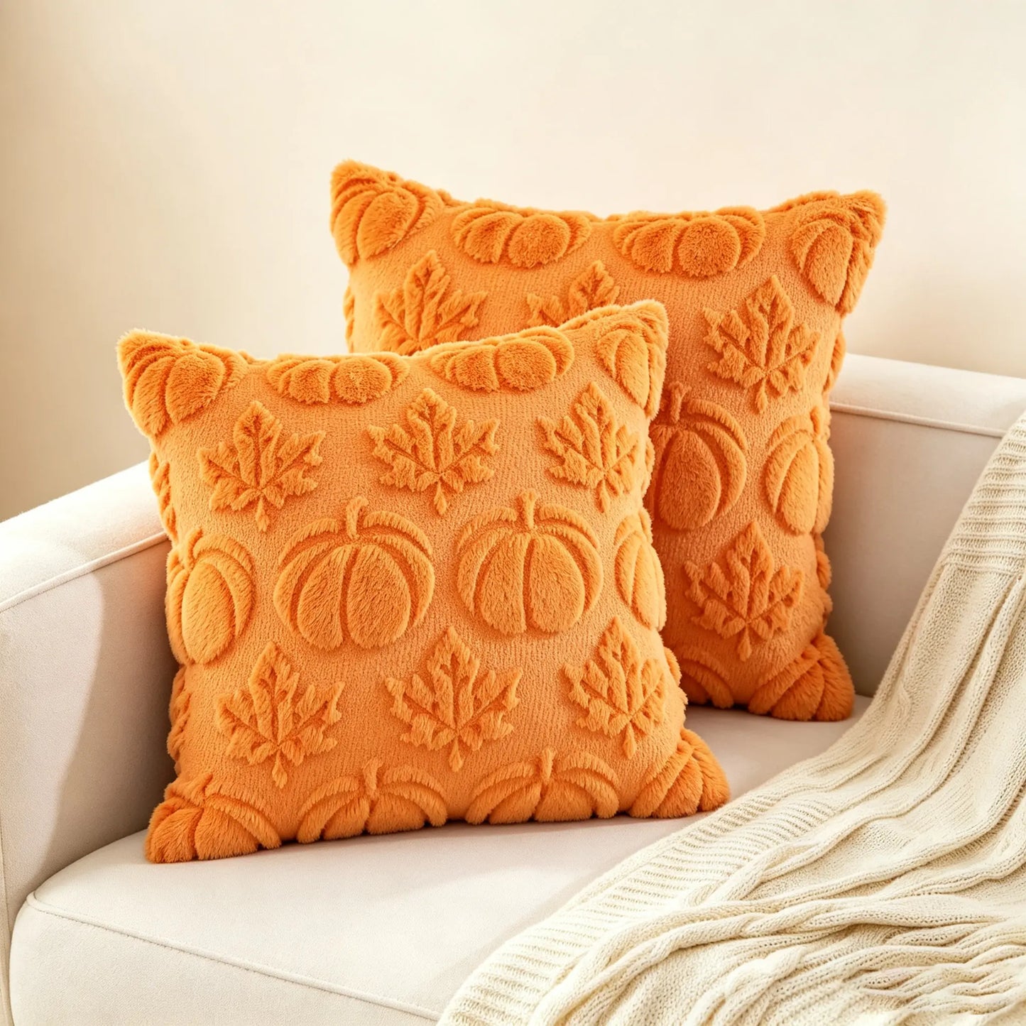 Embroidered Pumpkin Halloween Pillow Cover – Soft Faux Wool Farmhouse Decor