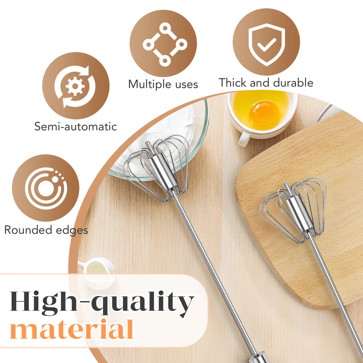 QQ Stainless Steel Semi-Automatic Hand-Push Whisk, Rotary Egg Beater for Coffee and Cooking