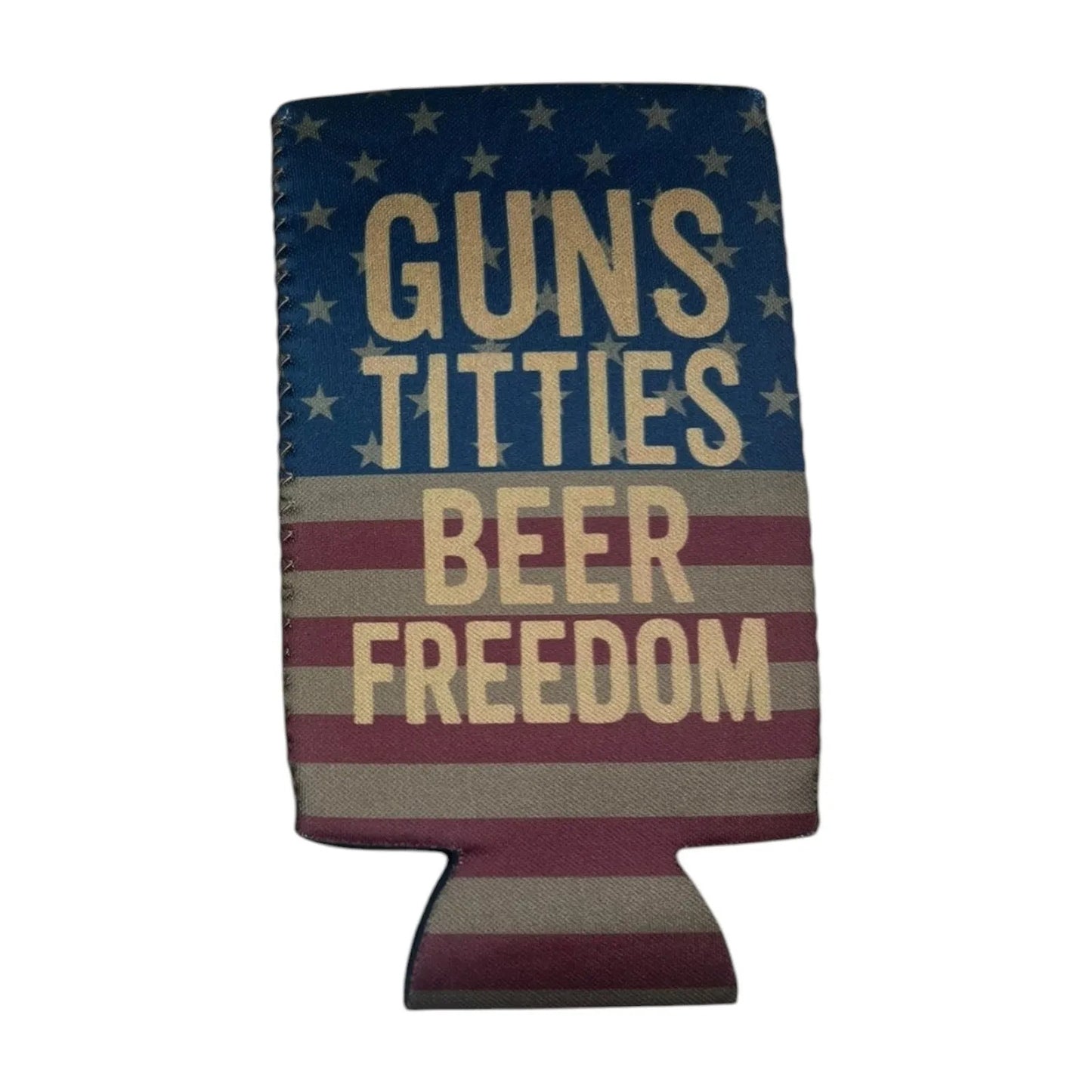 "Guns, Titties, Beer, Freedom" Double-Sided Funny Beer Can Insulator Sleeve