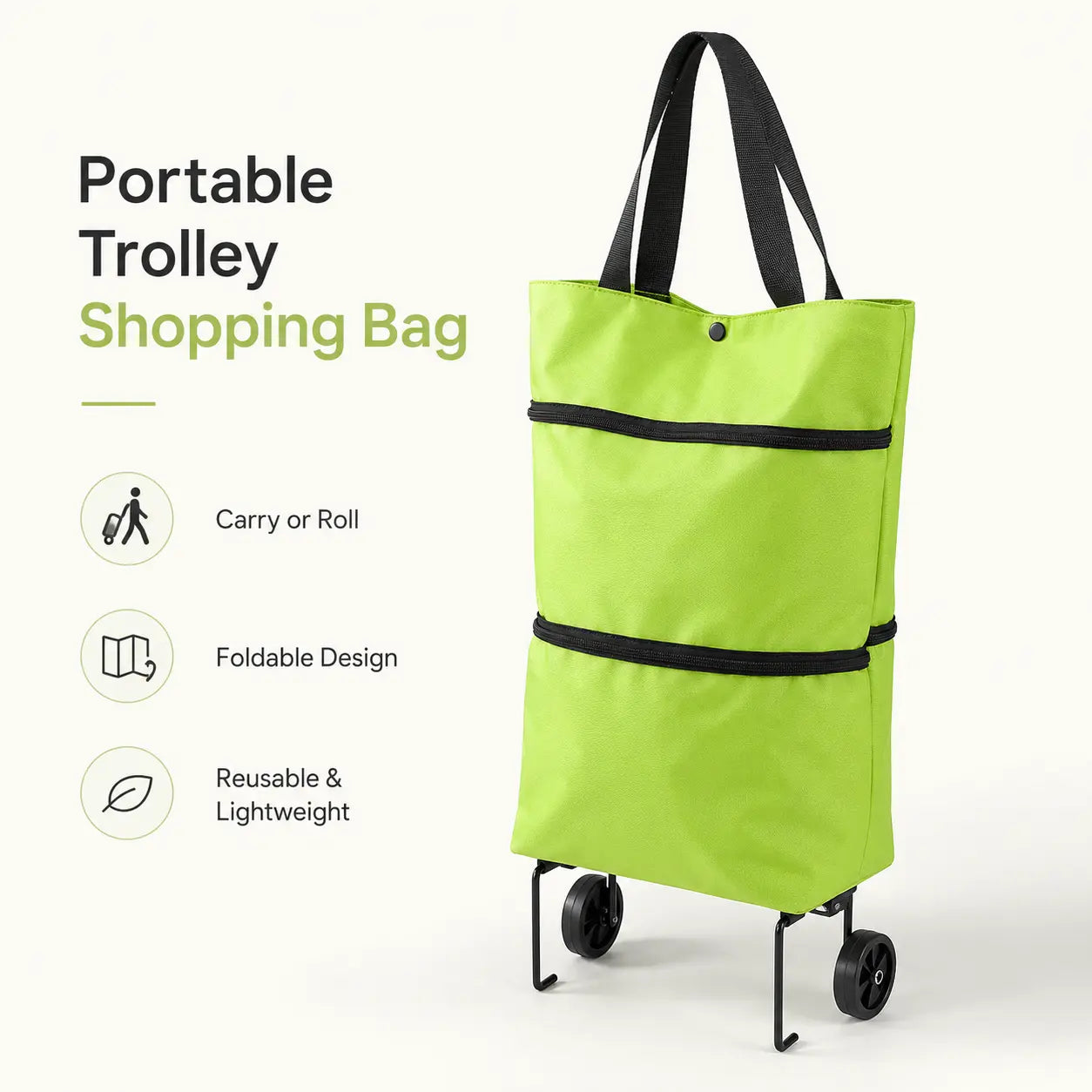 Foldable Shopping Trolley Bag with Wheels, Reusable Rolling Grocery Tote for Supermarket, Travel & Laundry
