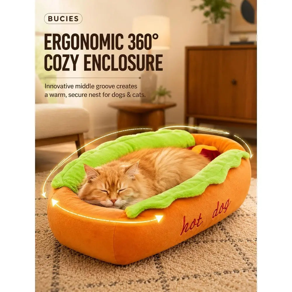 Hot Dog Pet Bed – Soft Plush Washable Dog & Cat Bed for Small Pets (S–L)