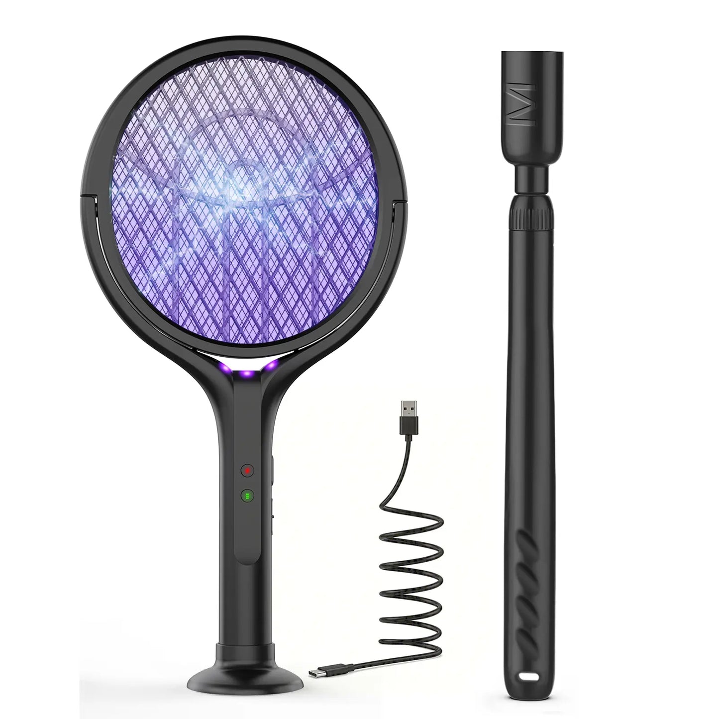 4000V Electric Fly Swatter with Extendable Rod & Bug Zapper Trap Lamp, USB Rechargeable, Safety Mesh