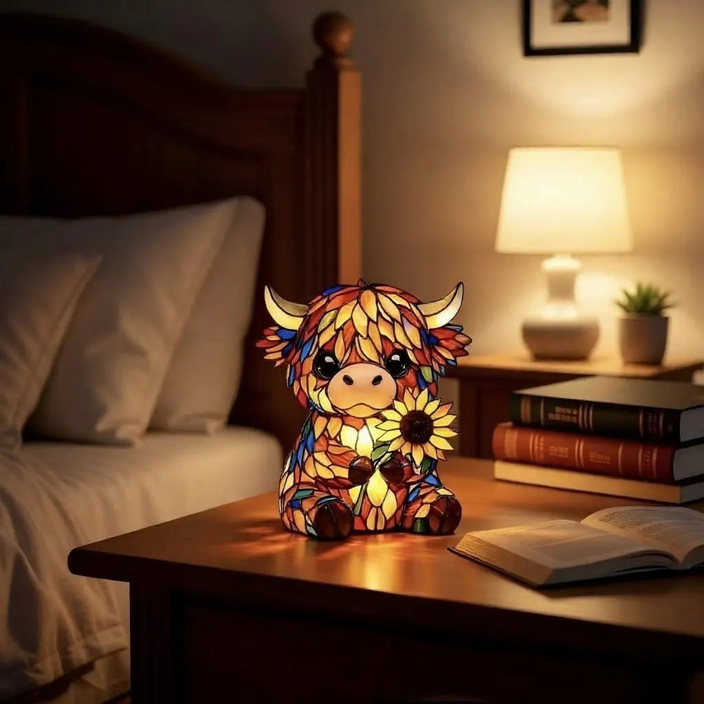 Highland Cow LED Night Light - Cute Resin Animal Figurine Table Lamp (USB)