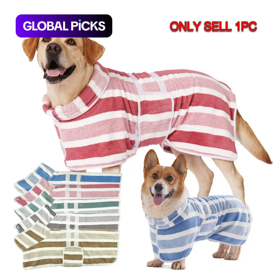 Quick-Drying Dog Bathrobe, 1-Piece Striped Pet Dressing Gown with Adjustable Belly Band, Super-Absorbent Super-Soft Fabric