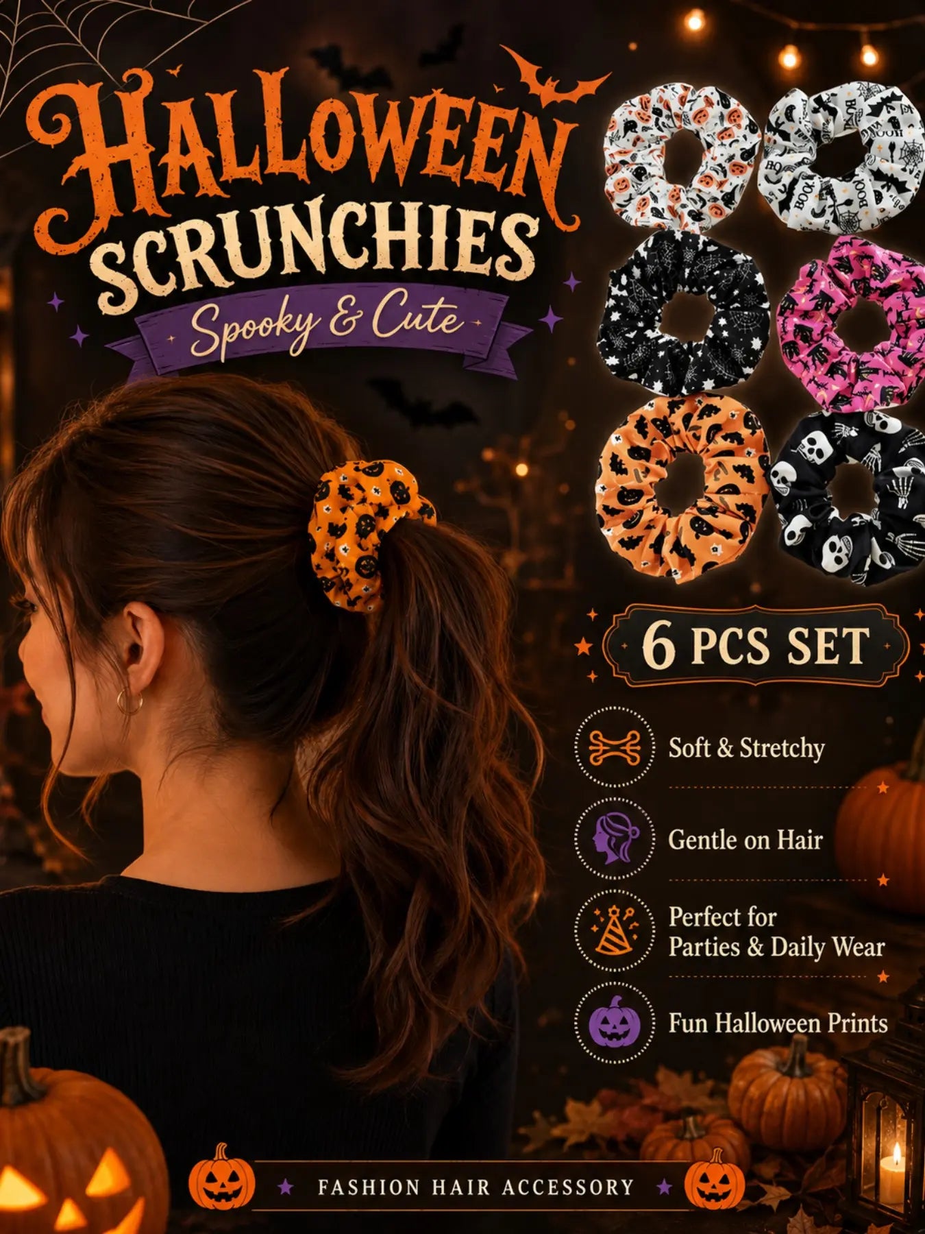 Halloween Scrunchies Set, 6PCS Gothic Pumpkin Hair Ties, Spooky Cute Elastic Hair Accessories
