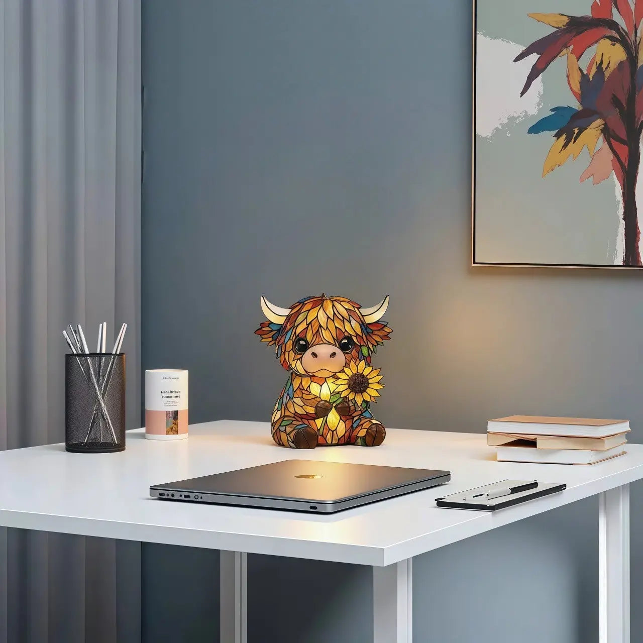 Highland Cow LED Night Light - Cute Resin Animal Figurine Table Lamp (USB)